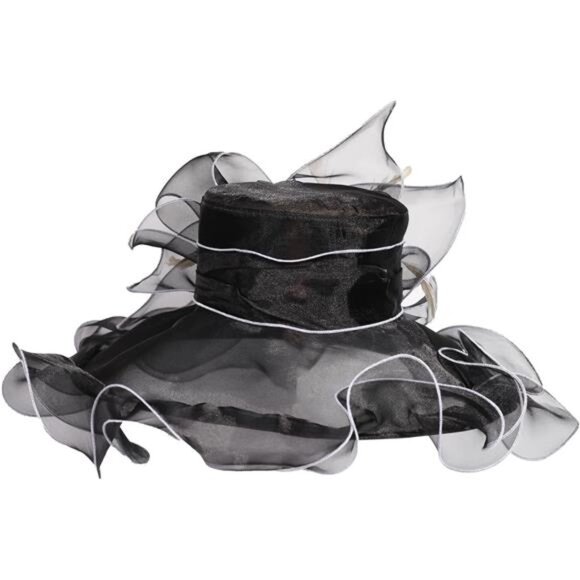 Women Sun Hat Church Wide Brim Black White - Picture 7 of 7